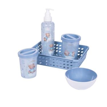 Imagem de KIT HIGIENE BEBÊ 5 PEÇAS BABY URSO PORTA ALGODÃO ORGANIZADOR INFANTIL PLASUTIL (Urso Azul)