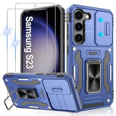 Imagem de Gritup Capa para Samsung Galaxy S23 com 2 protetores de tela HD e capa de câmera deslizante, proteção contra quedas de grau militar de 3 m, suporte de anel magnético, capa protetora para celular, azul
