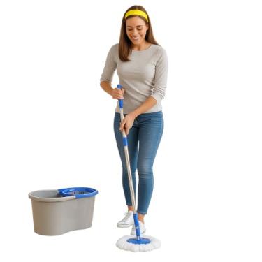 Imagem de Mop Giratório 360° Com Balde, Cabo Extensível 130cm, Microfibra e Aço Inox, Capacidade 8L, Cinza e Azul