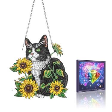 Imagem de VAIIEYO Enfeite de pendurar arte de diamante de gato, girassol animal pintura de diamante kit de pendurar janela com corrente, pingente de cristal 19 x 19 cm, artesanato para presente, decoração de
