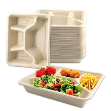 Imagem de JBESUHI Pacote com 50 bandejas descartáveis de almoço com 4 compartimentos – pratos compostáveis resistentes de cana de açúcar de 23 x 18 cm, bandejas de almoço de bagaço dividido profundo para jantar