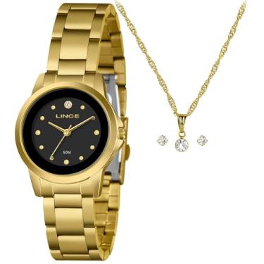 Imagem de Relógio Feminino Dourado Lince LRG4845L32 K0I6P1KX Kit com Colar e Brincos Mostrador Preto