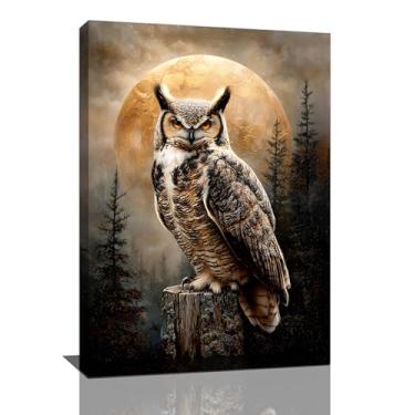 Imagem de Arte de parede de coruja de cabana lua e floresta decoração de parede imagens de animais rústicas impressões arte mística da vida selvagem decorações emolduradas para banheiro quarto sala de estar