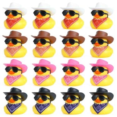 Imagem de 16 peças de enfeite de carro de pato de borracha com bandanas de 4 cores, chapéus de caubói, óculos de sol e fitas adesivas, painel de carro, mesa de escritório, acessórios decorativos para casa