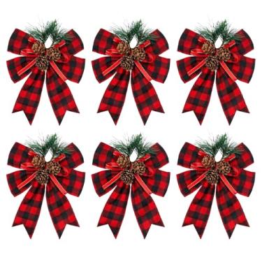 Imagem de Pacote com 7 laços decorativos de Natal, xadrez buffalo, xadrez preto e branco com pinha e listras vermelhas para decoração de guirlanda e porta