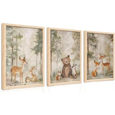 Imagem de ICHZUMW Conjunto de 3 arte de parede para decoração de berçário da floresta, lindas impressões em tela animal urso raposa veado, pinturas em aquarela de natureza, quarto de bebê, sala de jogos, arte