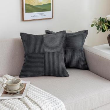 Imagem de FONSHALE Conjunto de 2 capas de almofada de veludo cotelê cinza com emendas decorativas boêmias, casa de fazenda, decoração de casa moderna para sofá, sala de estar, sofá-cama (45 x 45 cm)