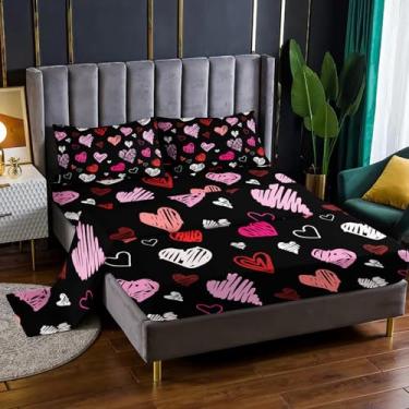 Imagem de Nttopship Jogo de cama kawaii, 4 peças, tamanho casal, dia dos namorados, com bolsos profundos de 41 cm, decoração de quarto, 4 peças (1 lençol + 1 lençol + 2 fronhas)