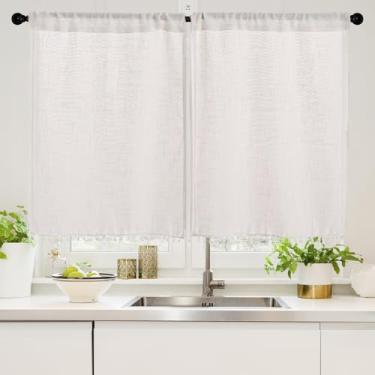 Imagem de Cortinas de cozinha brancas boho de 61 cm de comprimento para janelas sobre a pia, conjuntos de cortinas curtas de café com bolso para varão, meia janela pequena, cortina de linho sintético, 2 painéis