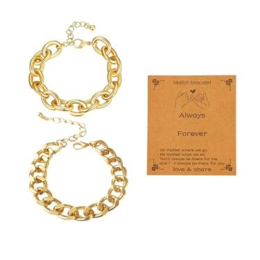 Imagem de Warmhope Pulseira feminina banhada a ouro 14 quilates com elos cubanos de aço inoxidável grosso duplo anel punk joia ajustável streetwear presente estilo cidade acessórios multicamadas, universal size