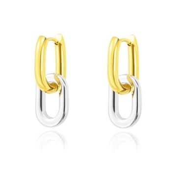 Imagem de Brincos grossos de ouro e prata para mulheres, brincos de argola de dois tons de metal misto geométrico, brincos de argola para mulheres, joias modernas, Small, Aço inoxidável, Sem pedra preciosa