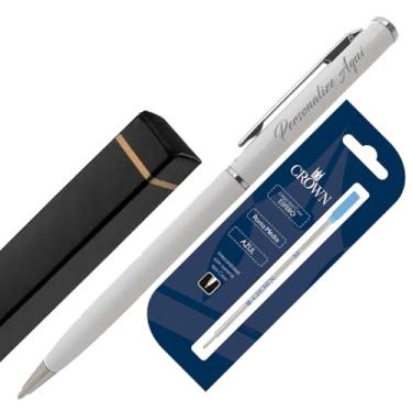 Imagem de Kit Caneta Personalizada Crown Hawai Original + Carga CA12009A | Caneta Pequena e Leve | Presente Elegante (Branco)