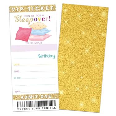 Imagem de ZARYFANCHY Convites de festa de aniversário da festa do pijama, convites de aniversário de bilhete VIP com glitter dourado, 20 cartões de convites de preenchimento com envelopes, decorações e