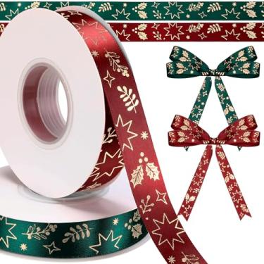 Imagem de Maysing 2 rolos 2 rolos totalizando 50 jardas de fita de Natal 0,79 polegadas vermelho e verde fita de embrulho de Natal tecido de poliéster para artesanato faça você mesmo Feliz Natal guirlanda