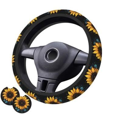 Imagem de Capa de volante de girassol com 2 porta-copos de carro antiderrapante de neoprene para mulheres e homens, conjunto universal de 38 cm, elegante e prático