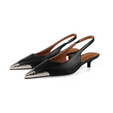 Imagem de HoanTiai Sandálias femininas com salto gatinho com bico de aço gravado, bico fino, sem cadarço, salto alto, vestido de festa, salto baixo, Preto, 34