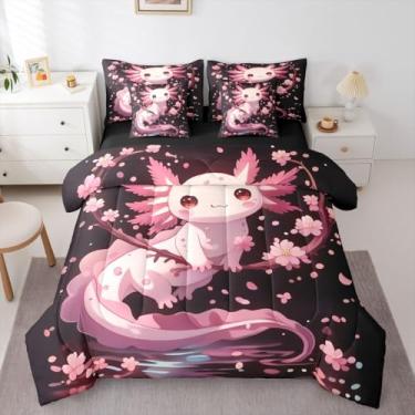 Imagem de Erosebridal Jogo de lençol Axolotl Bed in A Bag Twin | Conjunto de edredom japonês de 7 peças, vida selvagem, animal de estimação, salamandra, rosa, reversível, mundo subaquático, respirável, leve