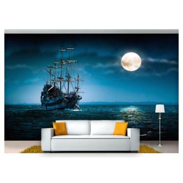 Imagem de Papel De Parede Lua Cheia Noite Mar Galeão 3D Lua07 - Você Decora