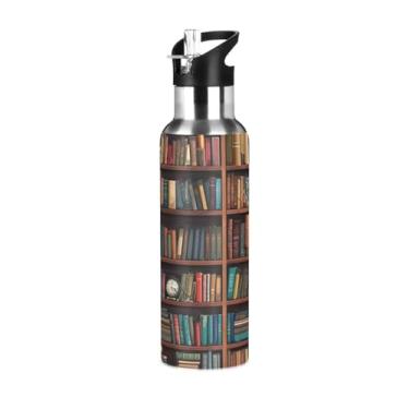 Imagem de KEEPREAL Garrafa de água Library Bookshelf de 590 ml, aço inoxidável isolado a vácuo com tampa de canudo à prova de vazamento – Garrafa durável para academia e esportes ao ar livre para acampamento