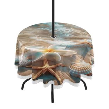 Imagem de Blueangle Toalha de mesa redonda de 152 cm à prova d'água com estrela do mar e coral com orifício para guarda-chuva - Tecido resistente à prova de sol para todos os climas para pátio, acampamento