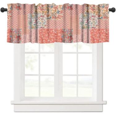 Imagem de KANEPE Cortina de retalhos com flores geométricas, abstratas, estilo boêmio, laranja, tratamento de janela, cortinas curtas, bolso de varão, drapeado para sala de jantar, cozinha, casa, decoração de