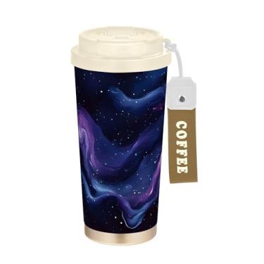 Imagem de SEHANY Caneca de viagem Galaxy Starry Sky de viagem de 500 ml Copos de café reutilizáveis revestidos de cerâmica com tampa à prova de vazamento, parede dupla, isolamento a vácuo, copo de café de aço