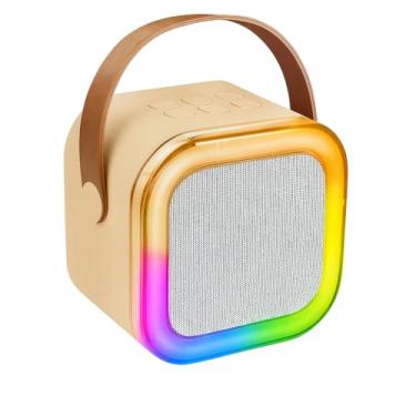 Imagem de Caixa de Som Portátil Bluetooth com Karaokê, 2 Microfones Sem Fio, Luzes LED, 9x7x9cm, Rosa (Bege)