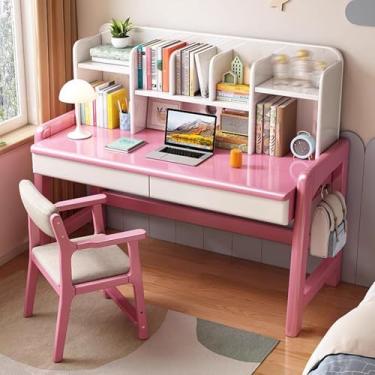 Imagem de Mesa infantil com estante, conjunto de mesa e cadeira infantil ajustável para crianças de 8 a 12 anos, mesa de estudante com prateleiras, gaveta e ganchos, grande mesa rosa de 80 cm