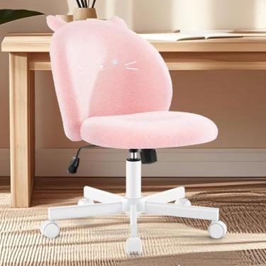 Imagem de Morkprism Cadeira de toucador com encosto de gato, cadeira de mesa sem braços, linda cadeira de escritório pequena, cadeira de computador de tecido de pelúcia com altura ajustável, inclinação de 120°