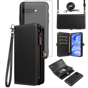 Imagem de Capa tipo carteira transversal para Google Pixel 9A capa magnética destacável de couro PU com protetor de tela de vidro temperado compartimento para cartão flip zíper cordão alça bolsa Pixel9A A9 5G