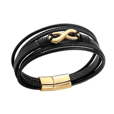 Imagem de Generic Moda Multi Camadas PU Pulseira de Aço Inoxidável Fivela Magnética Presente Ideal para Mulheres PU Pulseiras Preta (Ouro)