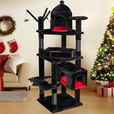Imagem de BEWISHOME Árvore gótica resistente para gatos, árvores grandes para gatos de 160 cm, torre gótica de Halloween com cama de caixão, casas para gatos com postes para arranhar para gatinhos, árvores de