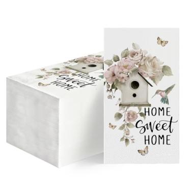 Imagem de Horaldaily 100 guardanapos decorativos de papel descartável primavera verão para convidados, pássaros e flores, toalha de mão para festa, almoço, jantar, cozinha, banheiro, decoração