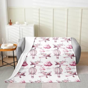 Imagem de Cobertor de flanela infantil com balões de ar quente, tema de avião, avião, avião, aviação, cobertor, nuvens estreladas, sonhador, aconchegante, para cama, sofá, rosa, macio e respirável, 102 x 127 cm