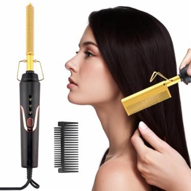 Imagem de Pente alisador de cabelo elétrico de cerâmica – Escova de prensagem a quente antiqueimadura para cabelo preto natural, perucas de barba, penteados molhados e secos