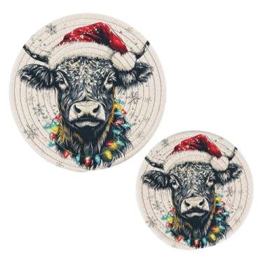 Imagem de Wassud Conjunto de tripé de vaca Highland para pratos quentes, suportes de panela redondos, almofadas quentes de algodão, porta-copos resistentes ao calor para decoração de cozinha, bancada, 2 peças