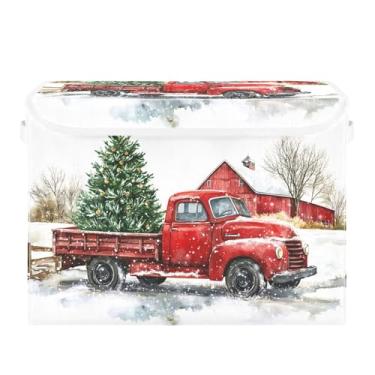 Imagem de CEBUGI Caixotes de armazenamento com tampas, caixa de armazenamento de tecido dobrável, compartimentos organizadores de cubo de caminhão vermelho para prateleiras de armário de casa e quarto 40 x 30 x