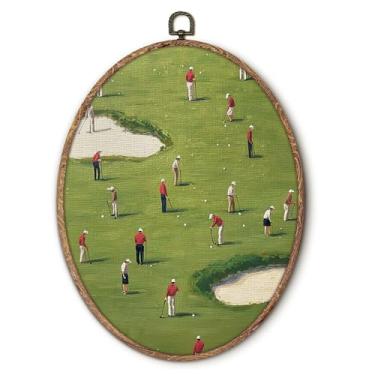 Imagem de Hxlac Arte de parede oval de carrinho de golfe vintage, decoração de parede oval minimalista de golfe, impressão em tela neutra vintage para berçário, decoração de parede para casa, sala de estar