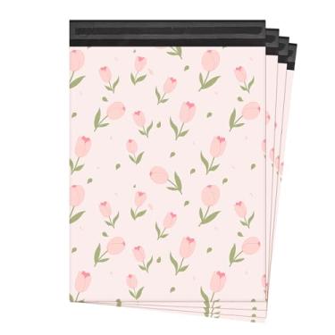 Imagem de KKBESTPACK Lindos envelopes florais de poliéster 14,5 x 19, pacote com 50 – Pink Tulip Designer impermeável autovedante resistente a rasgos sacos de envio para suprimentos de embalagem de pequenas