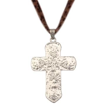 Imagem de GelConnie Colar feminino com cruz de couro, marrom, boêmio, prata, com corações, gravado, longo, de couro, ajustável