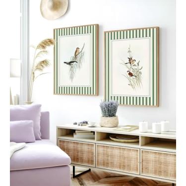 Imagem de Kit 2 Quadros Decorativos Passaros Geometrico Vintage Com Moldura (Moldura Bege, 60x80, Com Vidro)