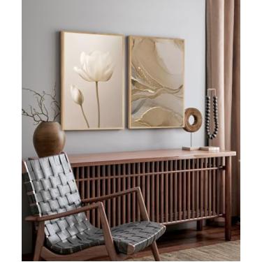 Imagem de Kit 2 Quadros Decorativos Flores Abstrato luxo moderno Sala Quarto Com Moldura e vidro (Moldura Bege, 60x80, Sem Vidro)