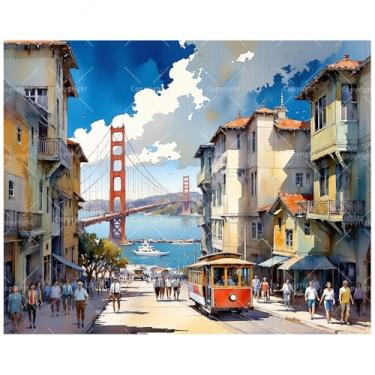 Imagem de Kit de pintura por números para viagem urbana para adultos – pintura de teleférico e ponte de São Francisco em tela, conjunto de tinta acrílica, adequado para iniciantes, arte para decoração de casa
