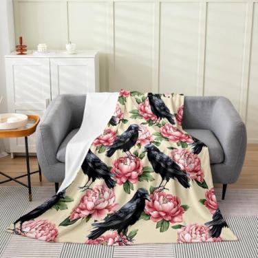 Imagem de Erosebridal Cobertor de flanela peônia Queen Inch Corvo cobertor de lã para flores florais botânico gótico romântico Halloween preto mulheres adultos luxo macio felpudo pelúcia