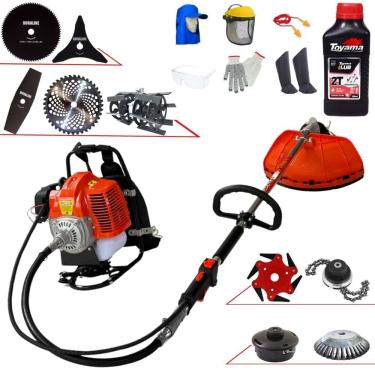 Imagem de Roçadeira Costal Terra 43cc C/ Carretel + Facas 2 Pontas, 3 Pontas, 6 Pontas, 40 Dentes Vídea, 80 Dentes, Trimmer, Escova e Enxada + Óleo Toyama + EPI