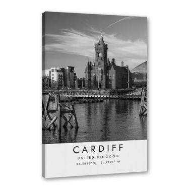 Imagem de Pôster de viagem preto e branco impressão paisagem da cidade do mundo pintura em tela Cardiff imagem de arte de parede decoração de casa (11 x 14 polegadas (28 x 35 cm), emoldurado)