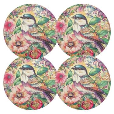 Imagem de Conjunto de 4 tapetes de prato de PVC duráveis florais para jardim de pássaros 38 cm, tapetes laváveis para chá