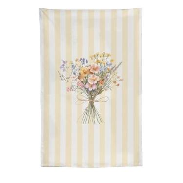 Imagem de Tapeçaria de parede boho buquê de flores silvestres vintage bege listrado decoração botânica cottagecore casa de fazenda tecido estético para pendurar para quarto, dormitório, espaço de estar