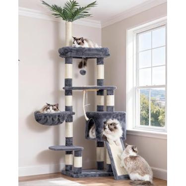 Imagem de Heybly Árvore para gatos, torre para gatos de 166 cm para ambientes internos, condomínio para gatos com folhas, cesta, folha, tigela de alimentação, móveis modernos de pelúcia de vários níveis, cinza