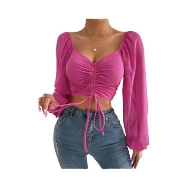Imagem de Blusa Feminina Cropped De Malha Canelada Com Decote Plunge, Manga Tran